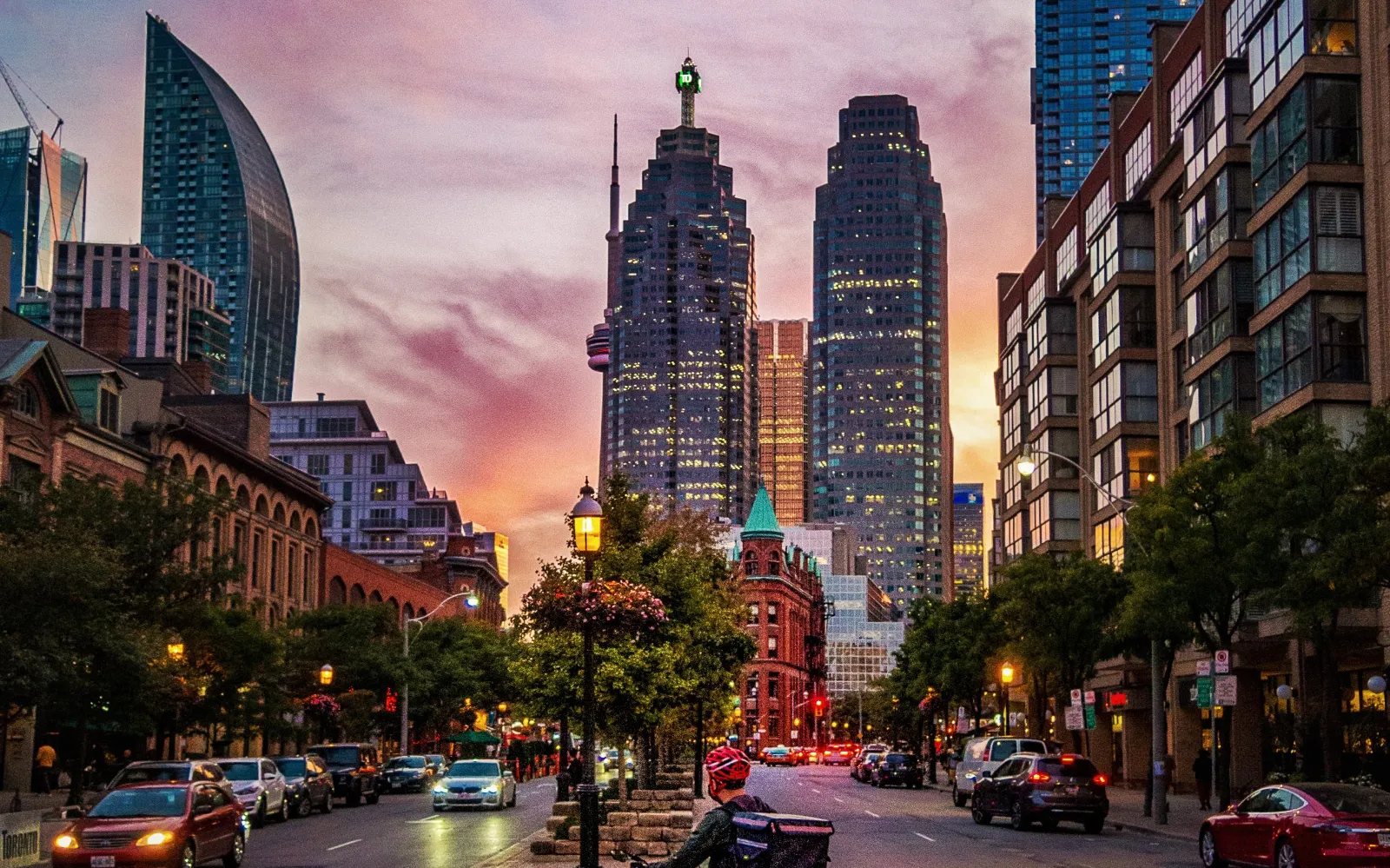 Gooderham Flatiron building at sunset on Front Street