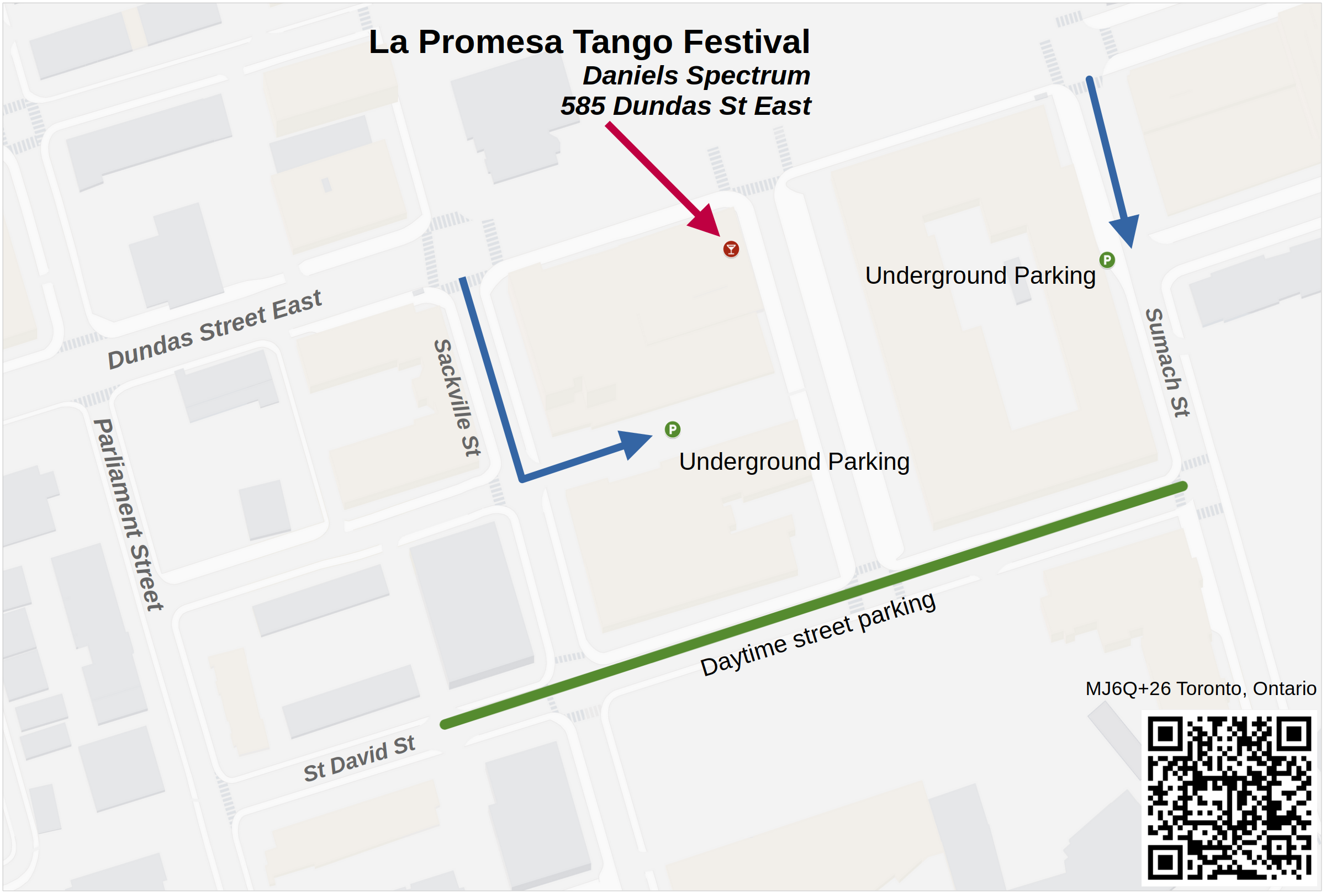 Parking map for Daniels Spectrum showing underground parking entrances from Sackville Street and Sumach Street, with daytime street parking along St David Street